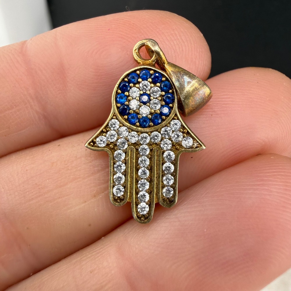 Hamsa Hand Pendant Gold Tone Blue White Pave Stone Protection Charm READ